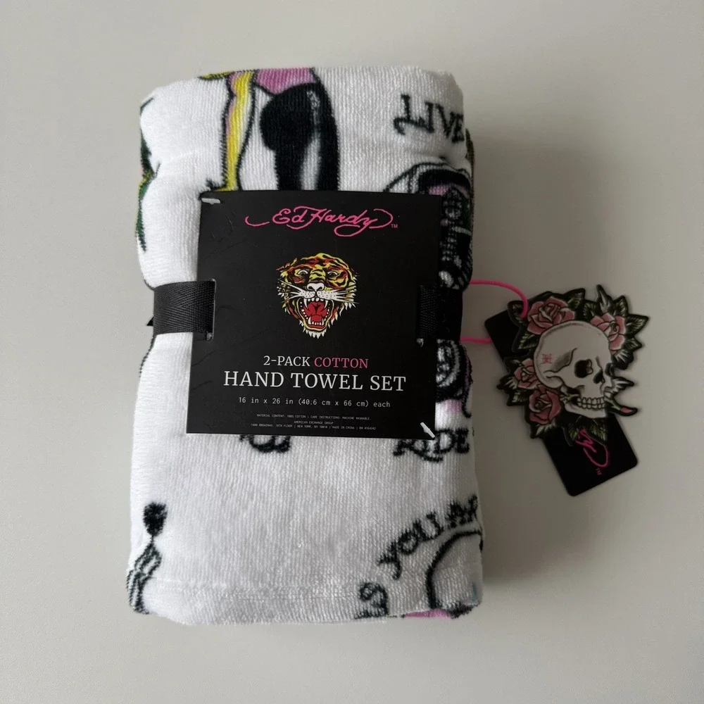 NEW Ed Hardy Hand Towel Set Tattoo Skull Woman Peacock Eagle Motorcycle 16x26